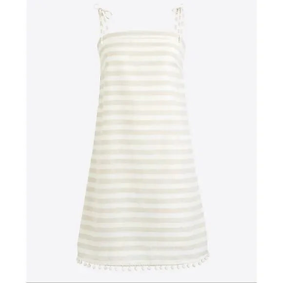 J.Crew beige striped Pom trim linen tie shoulder dress size xs - Picture 2 of 12